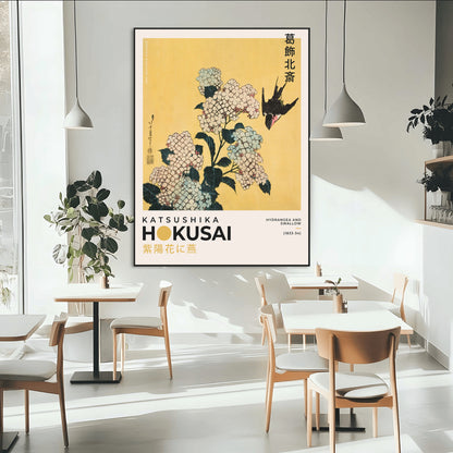 11004-MGV-CV-24X36-Hokusai Hydrangea Wall Art – Japanese Floral Canvas Print with Swallow Bird, Classic Ukiyo-e Nature Decor for Bedroom, Office or