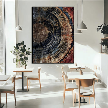 Test1-MGV-CV-24X36-Rustic Tree Ring Wall Art – Abstract Wood Grain Canvas Print, Natural Blue and Red Toned Artwork for Living Room, Bedroom, Office