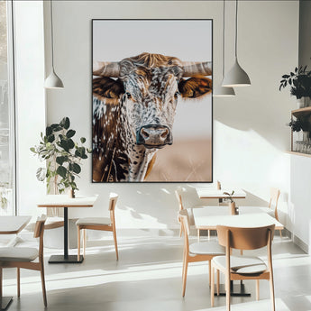 50803532-MGV-CV-24X36-Texas Longhorn Wall Art Canvas Print, Framed Speckled Cow Art Picture Print, Horned Bull Perfect Rustic Western Decor Artwork