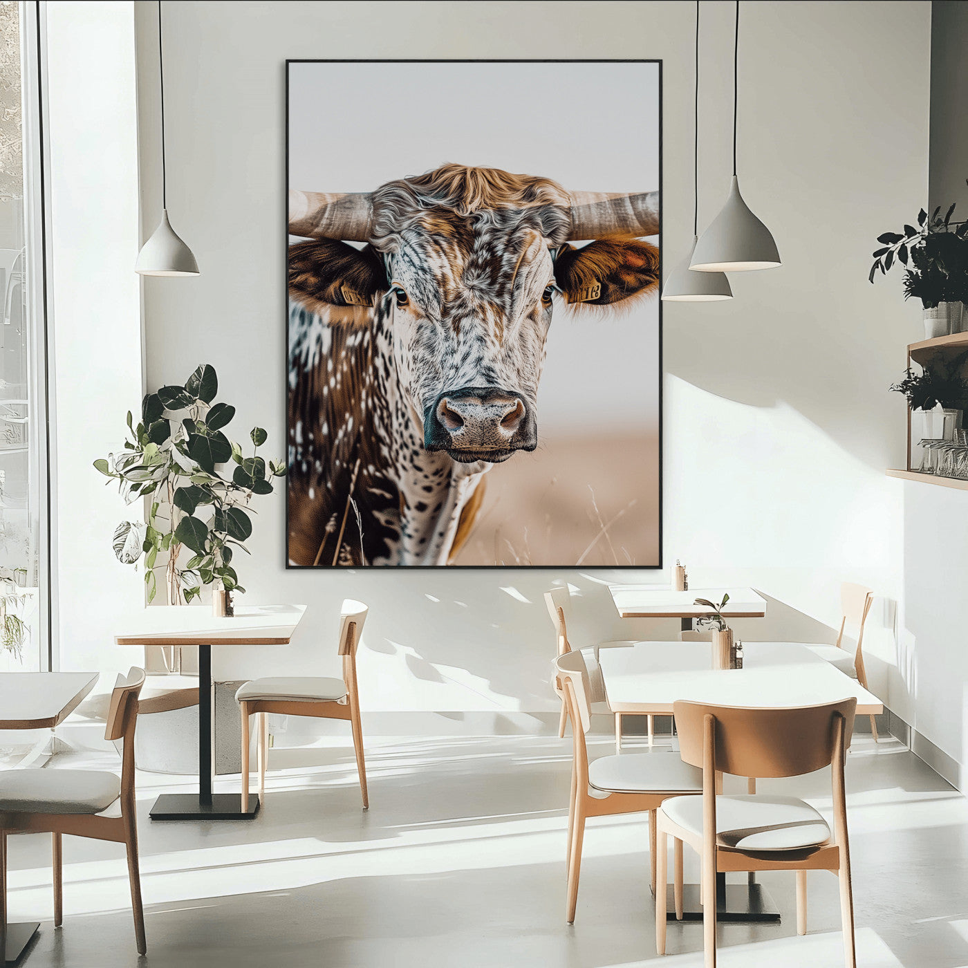 50803532-MGV-CV-24X36-Texas Longhorn Wall Art Canvas Print, Framed Speckled Cow Art Picture Print, Horned Bull Perfect Rustic Western Decor Artwork