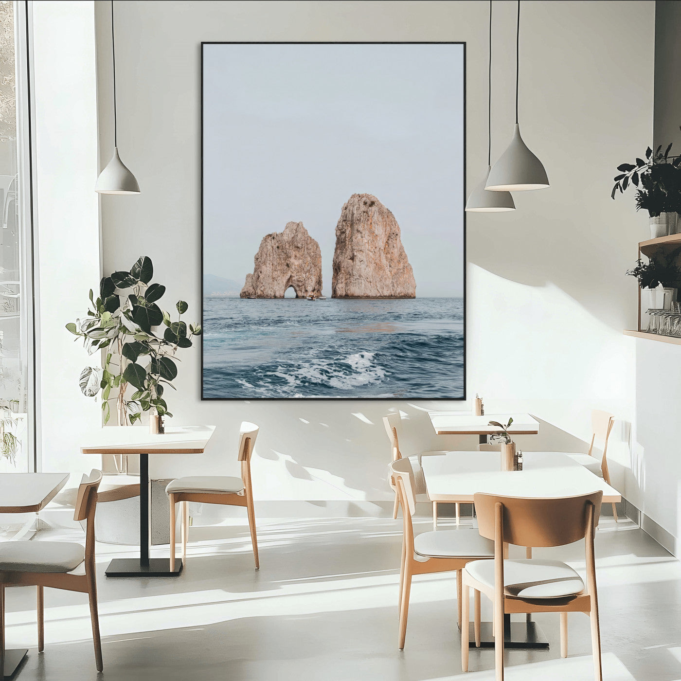 23148844-SEG-FC-51X34_Oversize-Faraglioni Capri Wall Art Canvas Print, Framed Serene Ocean Art Picture Print, Mediterranean Coastal Perfect Mediterranean