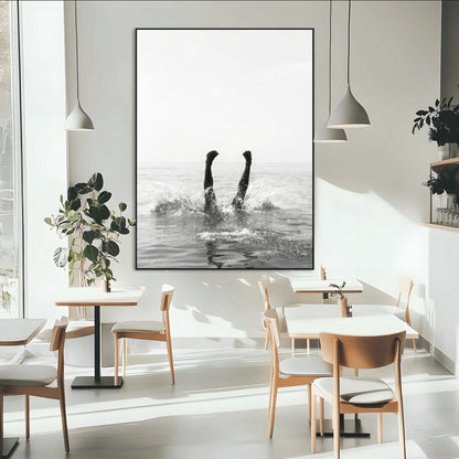 43900465-SEG-FC-51X34_Oversize-Minimal Ocean Wall Art Canvas Print, Framed Monochrome Diving Art Picture Print, Swimmer in Sea Perfect Minimalist Coastal Decor