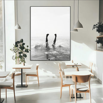 43900465-MGV-CV-24X36-Minimal Ocean Wall Art Canvas Print, Framed Monochrome Diving Art Picture Print, Swimmer in Sea Perfect Minimalist Coastal Decor