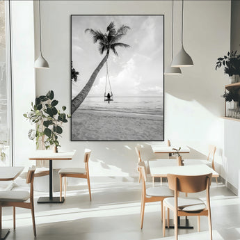 78460277-MGV-CV-24X36-Black White Palms Wall Art Canvas Print, Framed Beach Swing Art Picture Print, Monochrome Coastal Perfect Minimalist Coastal Decor