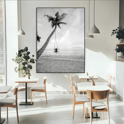 78460277-MGV-CV-24X36-Black White Palms Wall Art Canvas Print, Framed Beach Swing Art Picture Print, Monochrome Coastal Perfect Minimalist Coastal Decor