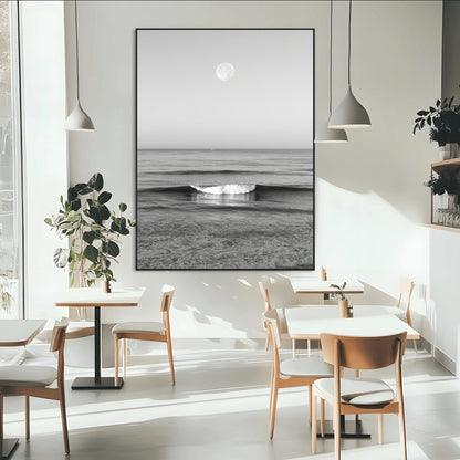 96234442-MGV-CV-24X36-Black White Ocean Scene Wall Art Canvas Print, Framed Full Moon Over Sea Art Picture Print, Tranquil Coastal Canvas Perfect