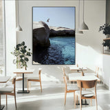 96853328-MGV-CV-24X36-Cliff Diving Wall Art Canvas Print, Framed Turquoise Sea Art Picture Print, Ocean Adventure Perfect Coastal Minimalist Decor