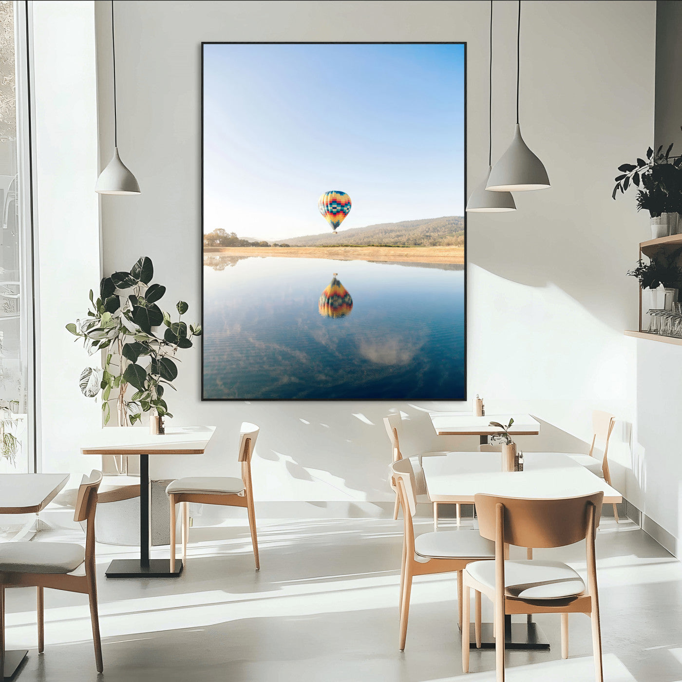 98091684-MGV-CV-24X36-Hot Air Balloon Wall Art Canvas Print, Framed Flight Reflection Art Picture Print, Peaceful Lakeside Perfect Modern Minimalist