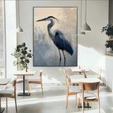 68368019-MGV-CV-24X36-Blue Heron Art Wall Art Canvas Print, Framed Crane Bird Painting Art Picture Print, Elegant Wildlife Scene Perfect Coastal