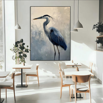 68368019-MGV-CV-24X36-Blue Heron Art Wall Art Canvas Print, Framed Crane Bird Painting Art Picture Print, Elegant Wildlife Scene Perfect Coastal