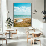 21725303-MGV-CV-24X36-Coastal Serenity Wall Art Canvas Print, Framed Ocean View Art Picture Print, Rustic Boat Perfect Nautical Coastal Decor Artwork