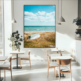 21725303-MGV-CV-24X36-Coastal Serenity Wall Art Canvas Print, Framed Ocean View Art Picture Print, Rustic Boat Perfect Nautical Coastal Decor Artwork