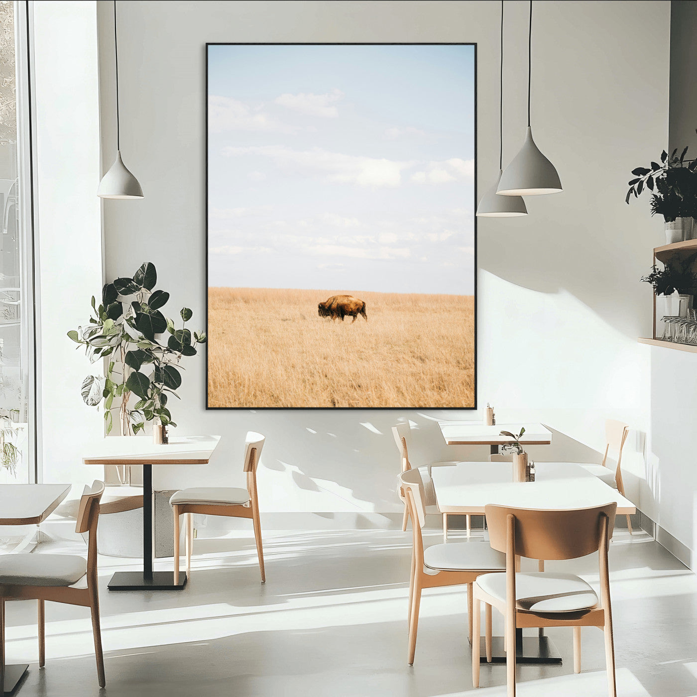 96766166-MGV-CV-24X36-Minimalist Nature Wall Art Canvas Print, Framed Bison In Grassland Art Picture Print, Open Field Perfect Modern Ranch Decor Decor