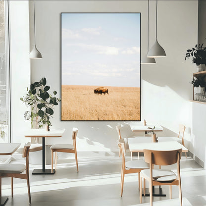 96766166-MGV-CV-24X36-Minimalist Nature Wall Art Canvas Print, Framed Bison In Grassland Art Picture Print, Open Field Perfect Modern Ranch Decor Decor