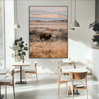 75146693-MGV-CV-24X36-Solitary Buffalo Wall Art Canvas Print, Framed Golden Prairie Art Picture Print, Earthy Tones Perfect Rustic Western Decor Artwork