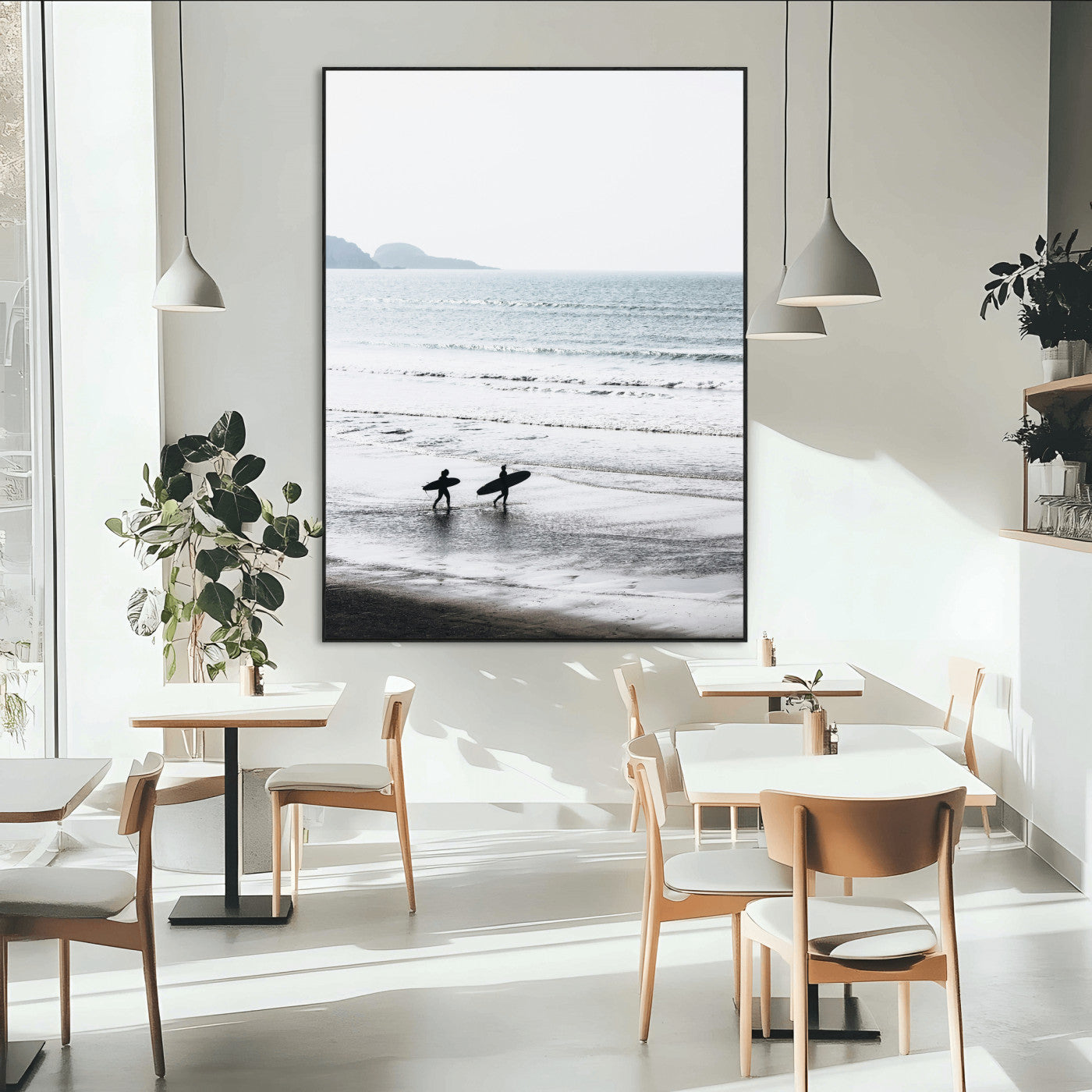 58090796-MGV-CV-24X36-Surfer Silhouettes Wall Art Canvas Print, Framed Minimalist Ocean Art Picture Print, Soft Horizon Perfect Minimalist Coastal Decor