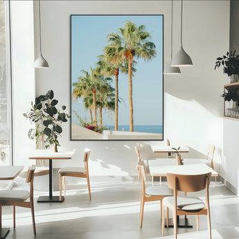 46777020-MGV-CV-24X36-Palm Tree Wall Art – Coastal Canvas Print with Tall Palms and Blue Sky, Minimal Tropical Photography, Relaxing Beach Decor for
