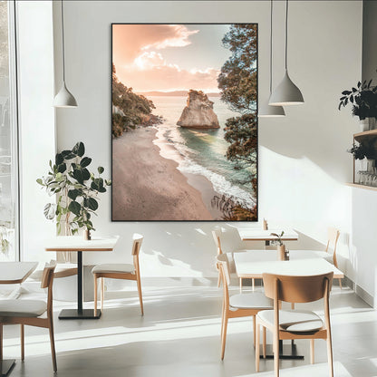 34220311-MGV-CV-24X36-Coastal Rock Wall Art – Sunset Beach Canvas Print with Ocean Waves and Golden Light, Scenic Seaside Photography for Bedroom,