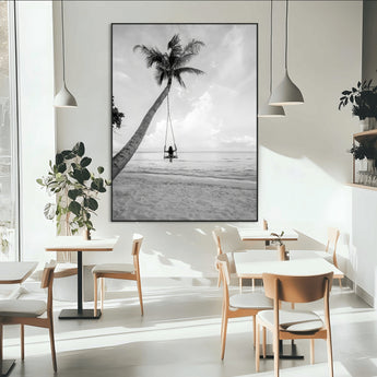 41303063-MGV-CV-24X36-Coastal Wall Art – Palm Tree Swing Black and White Canvas Print, Tropical Beach Photography Decor for Bedroom, Living Room,