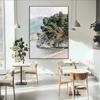 82638964-MGV-CV-24X36-Coastal Wall Art – Rocky Cliff and Pine Trees Canvas Print, Scenic Mountain and Shoreline Photography Decor for Bedroom, Living