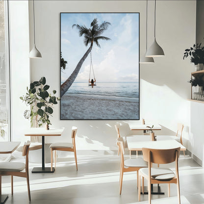 62893825-MGV-CV-24X36-Tropical Palm Tree Swing Wall Art – Ocean Beach Photography Print, Coastal Decor, Wanderlust Travel Photo for Boho Homes & Beach