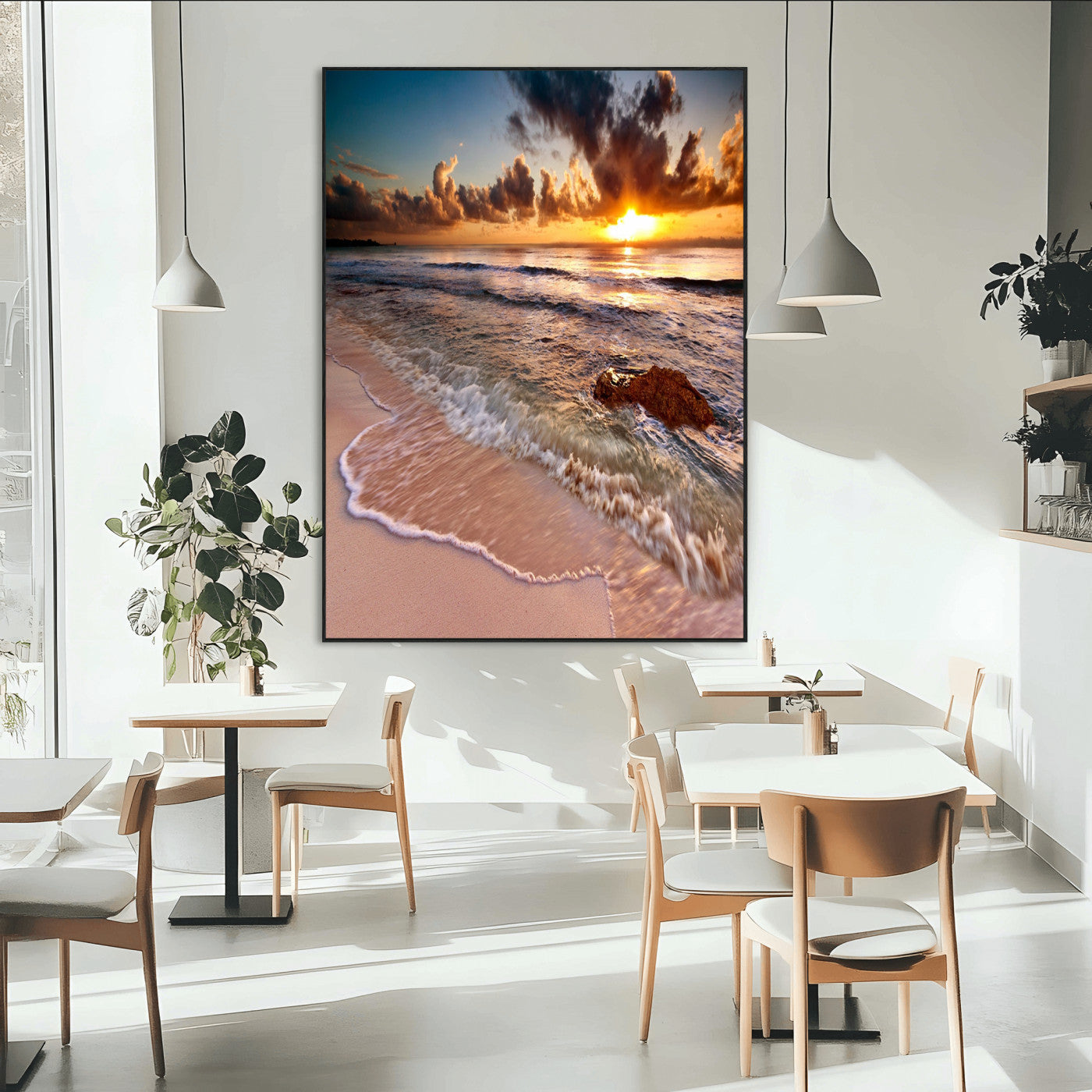 14930-MGV-CV-24X36-Beach Sunset Wall Art Canvas Print, Framed Ocean Horizon Art Picture Print, Tropical Shore Perfect Minimalist Coastal Decor