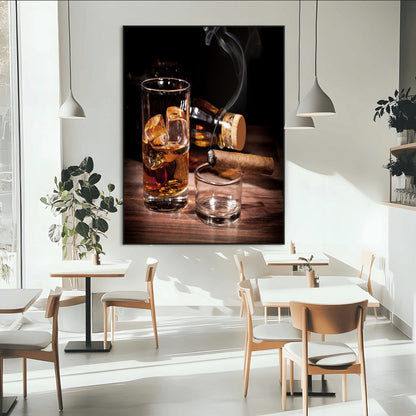 13274-MGV-CV-24X36-Whiskey Glass Wall Art Canvas Print, Framed Smoking Cigar Art Picture Print, Amber Whiskey Perfect Masculine Rustic Decor Artwork