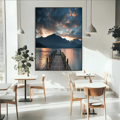 16043-MGV-CV-24X36-Mountain Lake Wall Art Canvas Print, Framed Sunset Reflection Art Picture Print, Calm Horizon Perfect Moody Nature Decor Artwork