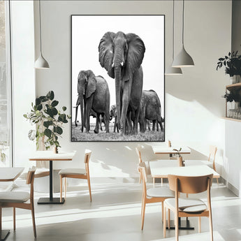 79634-MGV-CV-24X36-Elephant Herd Wall Art Canvas Print, Framed African Elephant Art Picture Print, Monochrome Wildlife Perfect Monochrome Safari