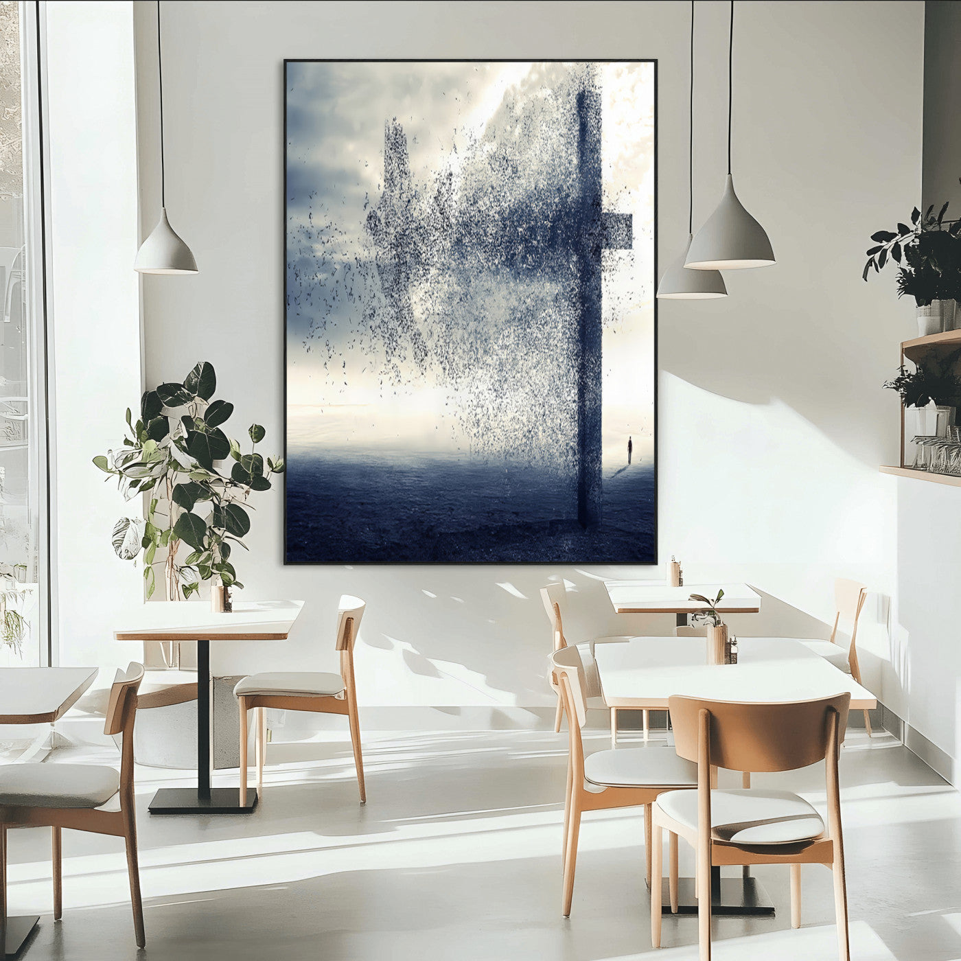 98984-MGV-CV-24X36-Disintegrating Cross Wall Art Canvas Print, Framed Abstract Symbol Art Picture Print, Conceptual Horizon Perfect Spiritual