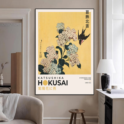 11004-MGV-CV-24X36-Hokusai Hydrangea Wall Art – Japanese Floral Canvas Print with Swallow Bird, Classic Ukiyo-e Nature Decor for Bedroom, Office or