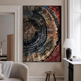 Test1-MGV-CV-24X36-Rustic Tree Ring Wall Art – Abstract Wood Grain Canvas Print, Natural Blue and Red Toned Artwork for Living Room, Bedroom, Office