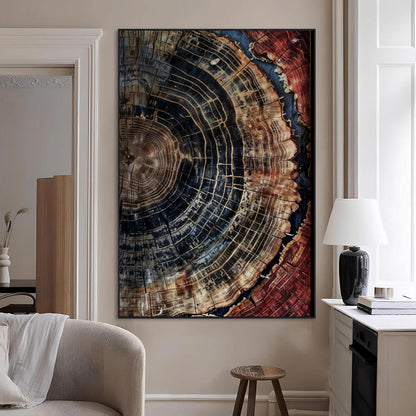 Test1-MGV-CV-24X36-Rustic Tree Ring Wall Art – Abstract Wood Grain Canvas Print, Natural Blue and Red Toned Artwork for Living Room, Bedroom, Office