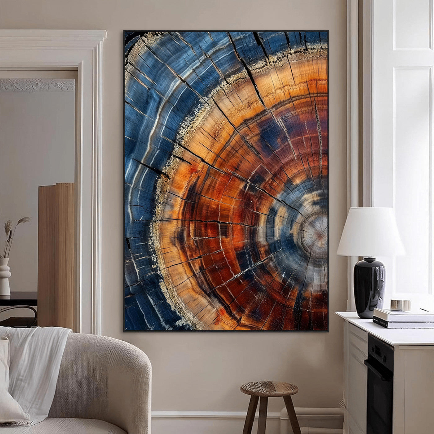 38379387-MGV-CV-24X36-Tree Rings Wall Art Canvas Print, Framed Wood Texture Art Picture Print, Blue Grain Perfect Earthy Modern Decor Artwork