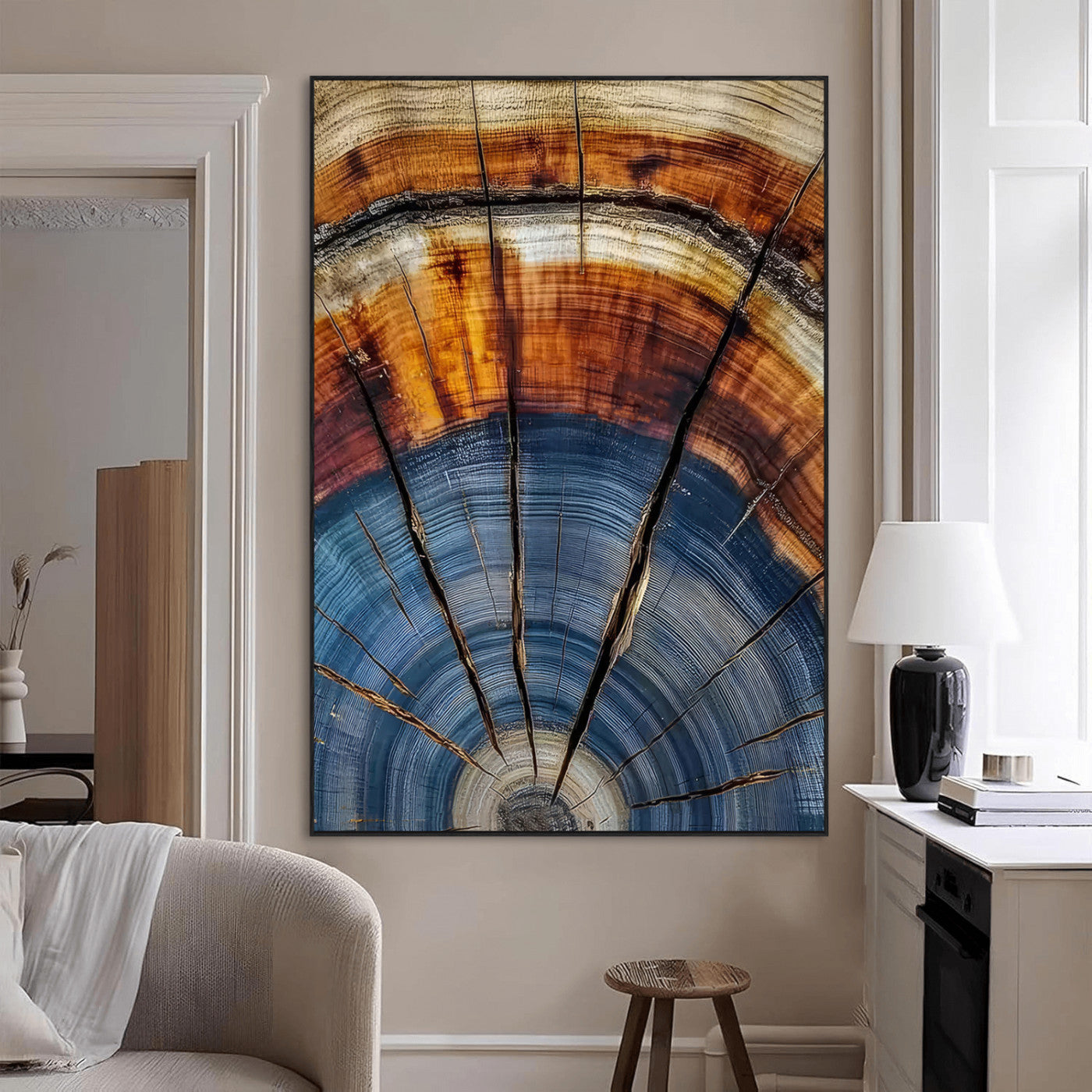 47703729-MGV-CV-24X36-Tree Rings Wall Art Canvas Print, Framed Wood Texture Art Picture Print, Blue Grain Perfect Rustic Modern Decor Artwork