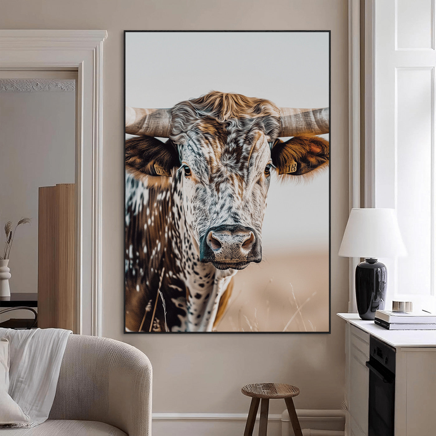 50803532-MGV-CV-24X36-Texas Longhorn Wall Art Canvas Print, Framed Speckled Cow Art Picture Print, Horned Bull Perfect Rustic Western Decor Artwork