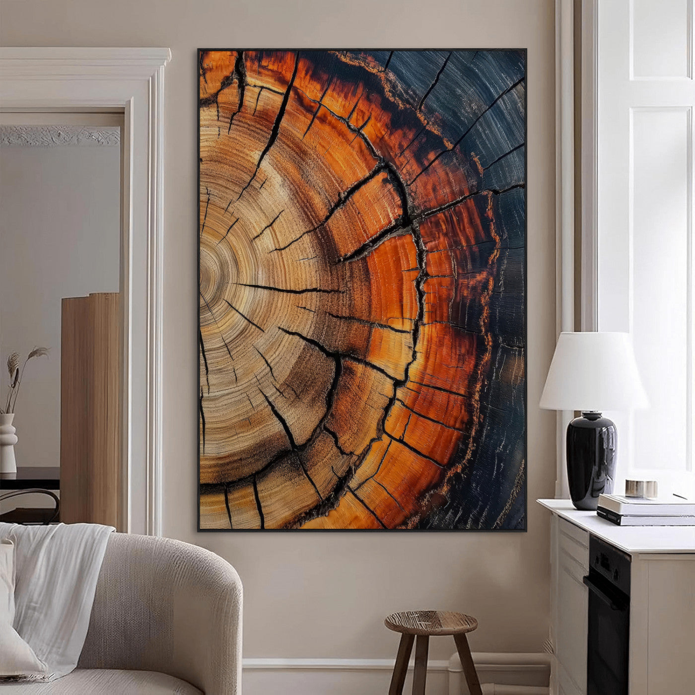 12078265-MGV-CV-24X36-Tree Rings Wall Art Canvas Print, Framed Burnt Wood Art Picture Print, Rustic Texture Perfect Rustic Earth Decor Artwork