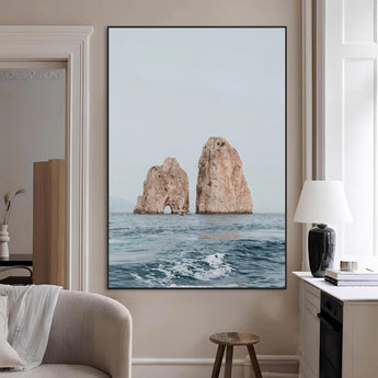 23148844-MGV-CV-24X36-Faraglioni Capri Wall Art Canvas Print, Framed Serene Ocean Art Picture Print, Mediterranean Coastal Perfect Mediterranean
