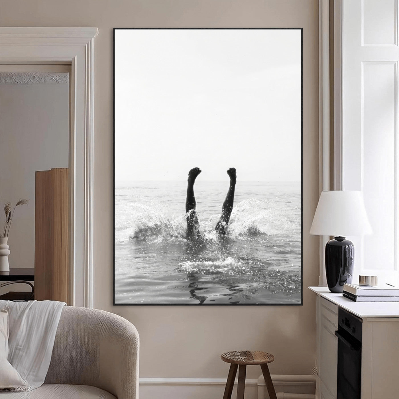 43900465-MGV-CV-24X36-Minimal Ocean Wall Art Canvas Print, Framed Monochrome Diving Art Picture Print, Swimmer in Sea Perfect Minimalist Coastal Decor