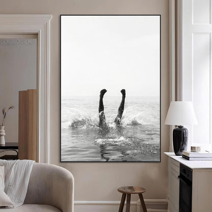 43900465-MGV-CV-24X36-Minimal Ocean Wall Art Canvas Print, Framed Monochrome Diving Art Picture Print, Swimmer in Sea Perfect Minimalist Coastal Decor
