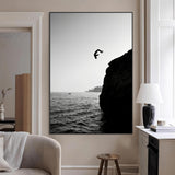 99497106-MGV-CV-24X36-Cliff Jumping Wall Art Canvas Print, Framed Black White Ocean Art Picture Print, Monochrome Cliff Perfect Minimalist Adventure
