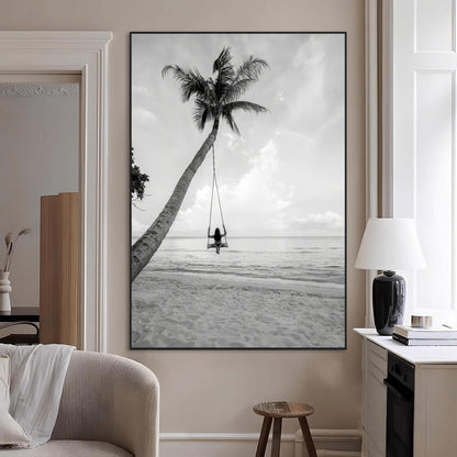 78460277-MGV-CV-24X36-Black White Palms Wall Art Canvas Print, Framed Beach Swing Art Picture Print, Monochrome Coastal Perfect Minimalist Coastal Decor