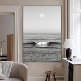 96234442-MGV-CV-24X36-Black White Ocean Scene Wall Art Canvas Print, Framed Full Moon Over Sea Art Picture Print, Tranquil Coastal Canvas Perfect
