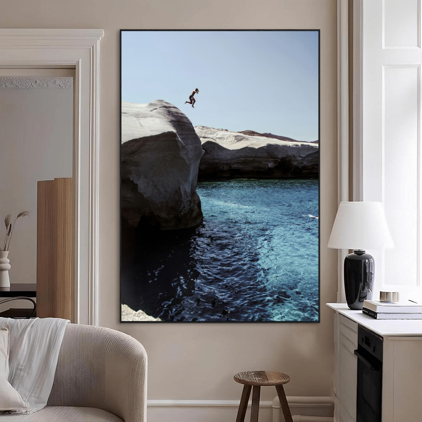 96853328-MGV-CV-24X36-Cliff Diving Wall Art Canvas Print, Framed Turquoise Sea Art Picture Print, Ocean Adventure Perfect Coastal Minimalist Decor