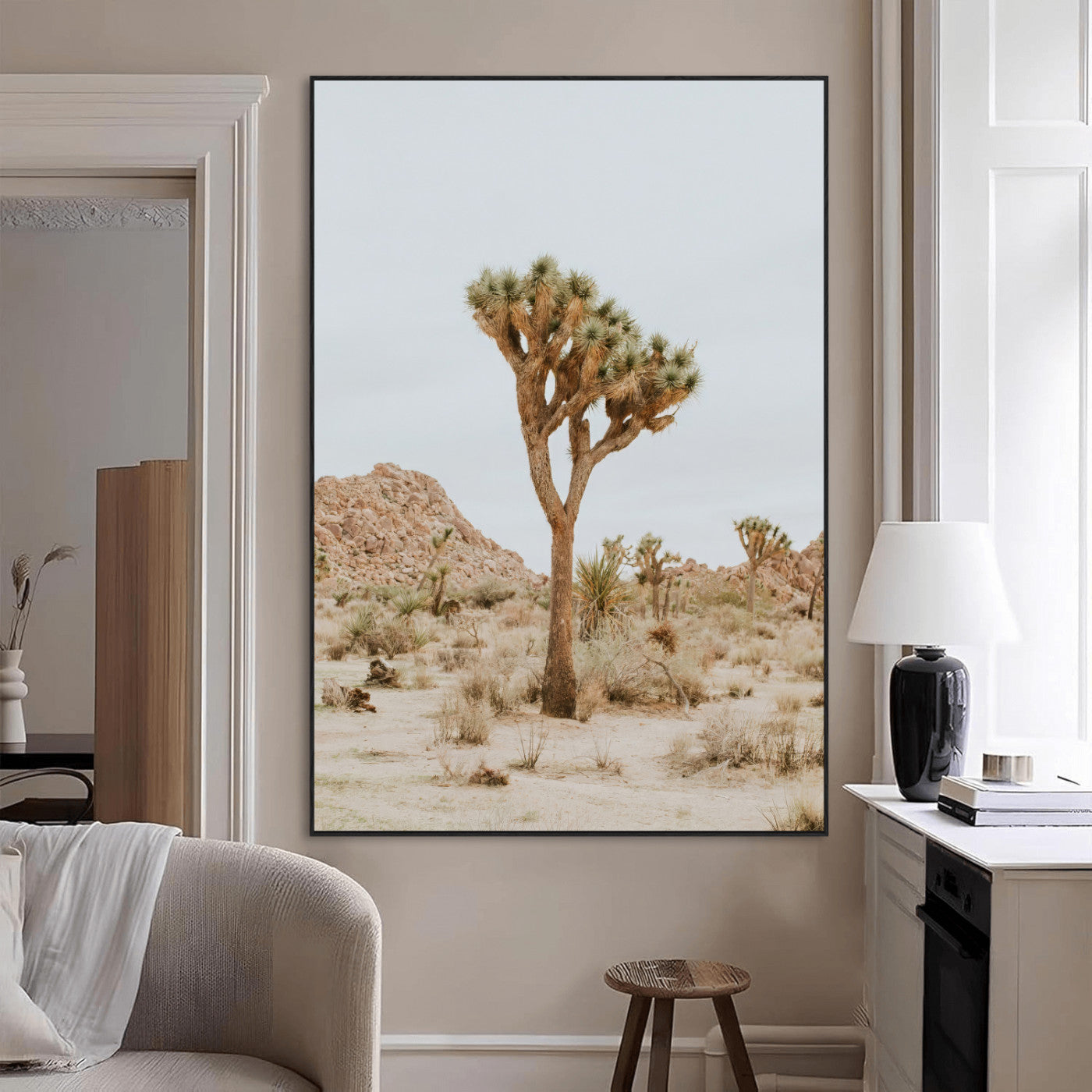 80210318-MGV-CV-24X36-Joshua Tree Wall Art Canvas Print, Framed Desert Minimalism Art Picture Print, Neutral Earth Tones Perfect Southwestern Minimalist