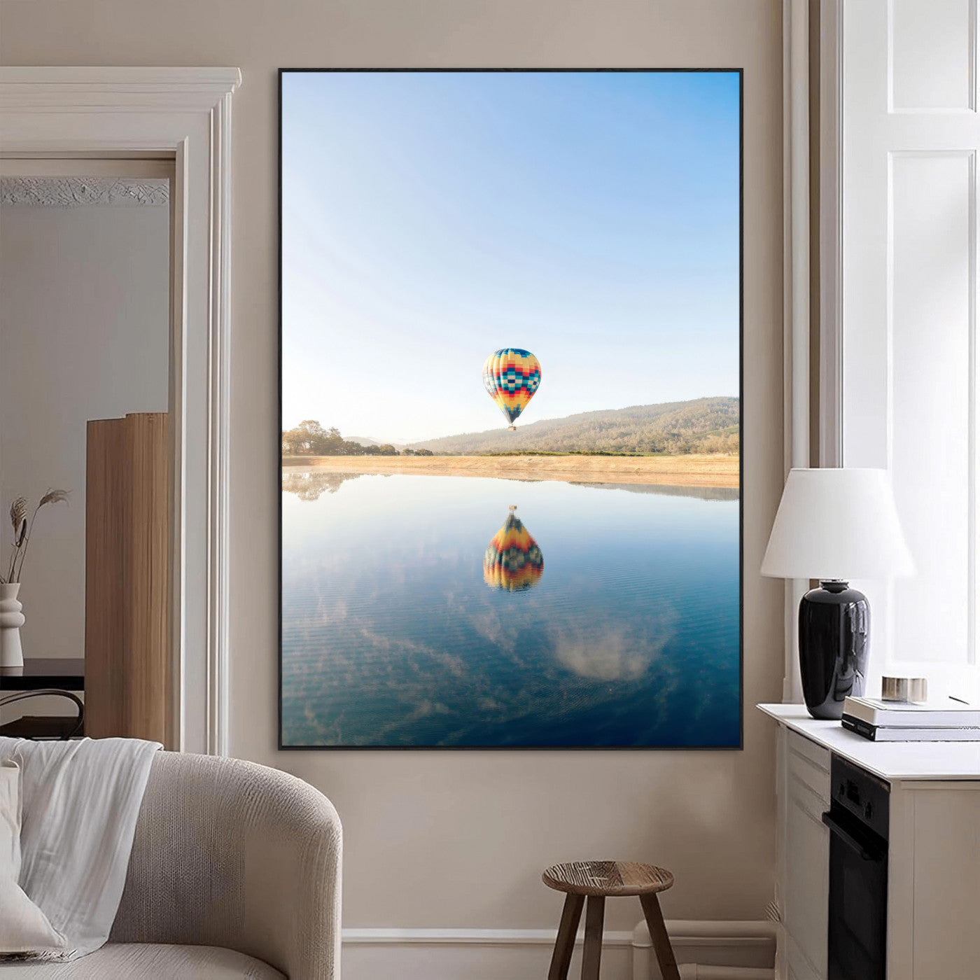 98091684-MGV-CV-24X36-Hot Air Balloon Wall Art Canvas Print, Framed Flight Reflection Art Picture Print, Peaceful Lakeside Perfect Modern Minimalist