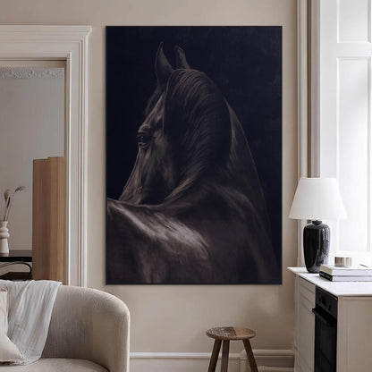 67026880-MGV-CV-24X36-Black Horse Portrait Wall Art Canvas Print, Framed Moody Horse Decor Art Picture Print, Equestrian Wall Style Perfect Masculine