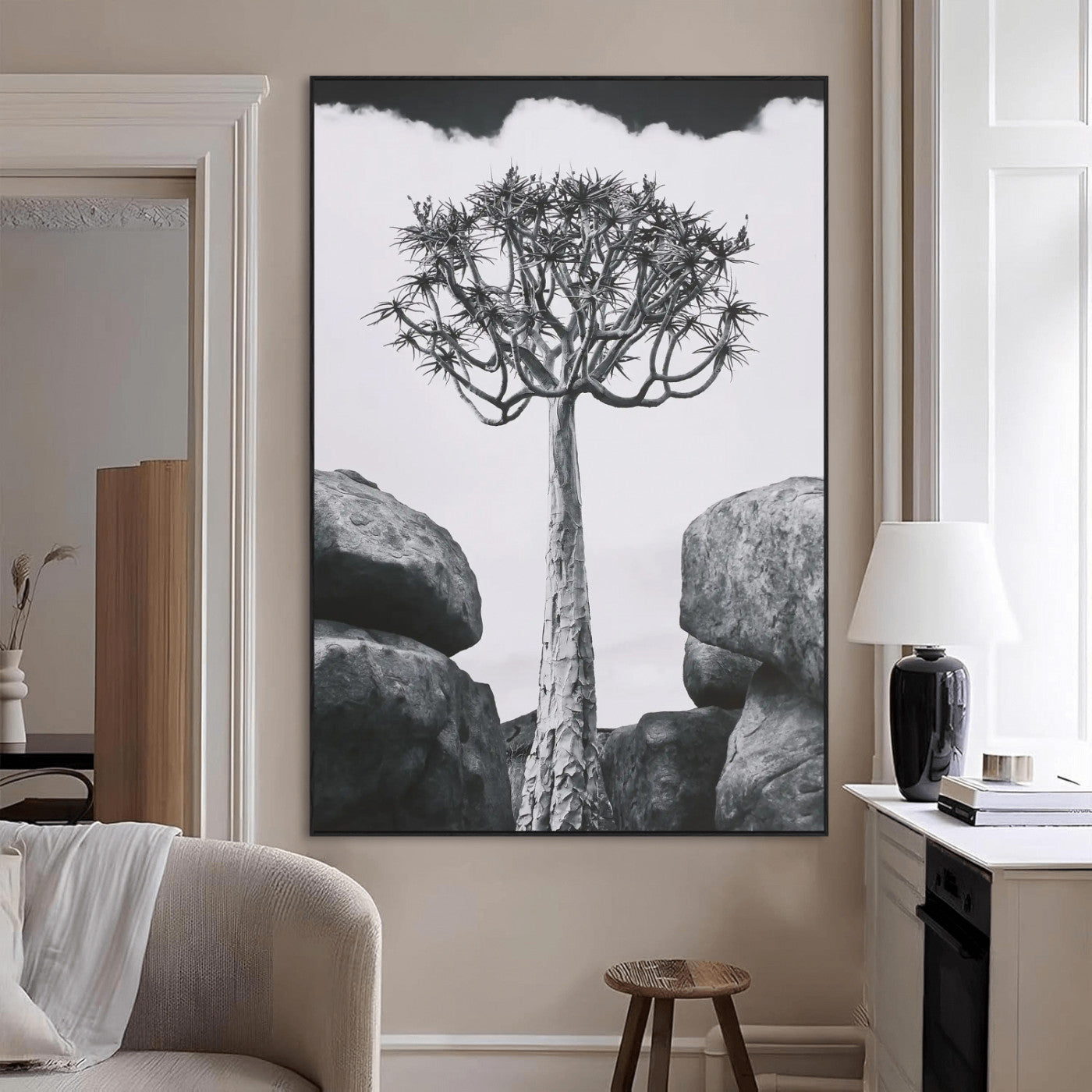 60628080-MGV-CV-24X36-Bold Tree Silhouette Wall Art Canvas Print, Framed Sculptural Tree Shape Art Picture Print, Desert Tree Perfect Modern Desert