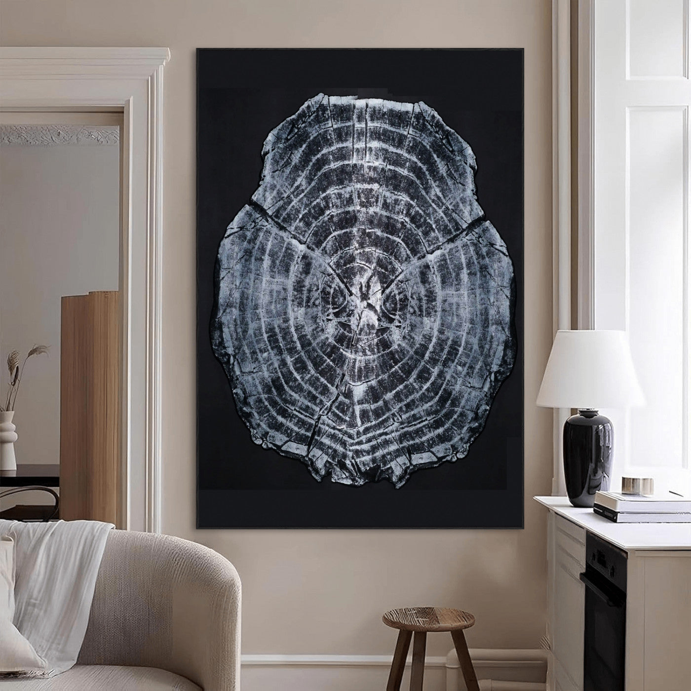 67859667-MGV-CV-24X36-Tree Ring Wall Art Wall Art Canvas Print, Framed Wood Slice Canvas Art Picture Print, Monochrome Nature Decor Perfect Modern