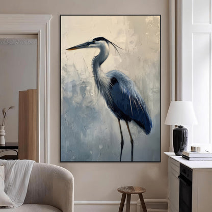 68368019-MGV-CV-24X36-Blue Heron Art Wall Art Canvas Print, Framed Crane Bird Painting Art Picture Print, Elegant Wildlife Scene Perfect Coastal